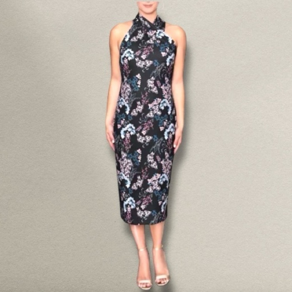 Rachel Roy NEW Harland Black Floral Sleeveless Halter Midi Dress- Size Small
